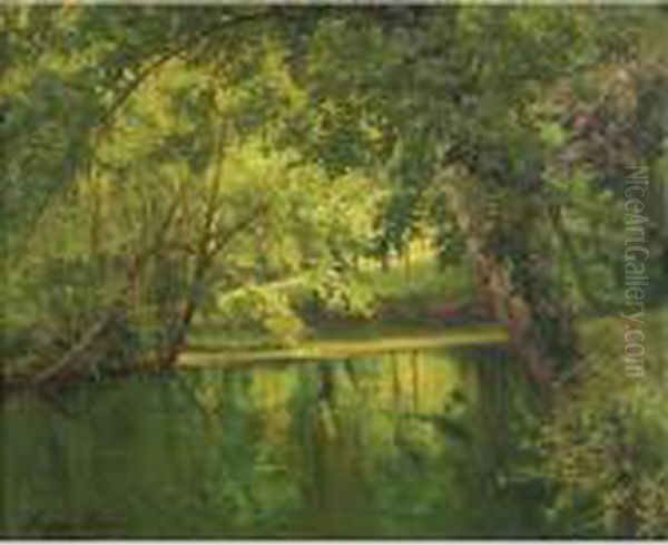 Woodland Pond Oil Painting by Henri Biva