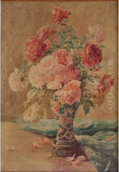 Vase De Roses Oil Painting by Henri Biva