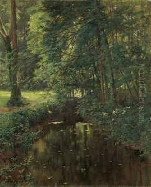 Waldwiese Mit Einem Bachlauf Oder Teich. Oil Painting by Henri Biva