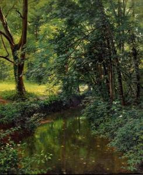 Waldpartie Mit Bachlauf Im Sonnenschein. Oil Painting by Henri Biva