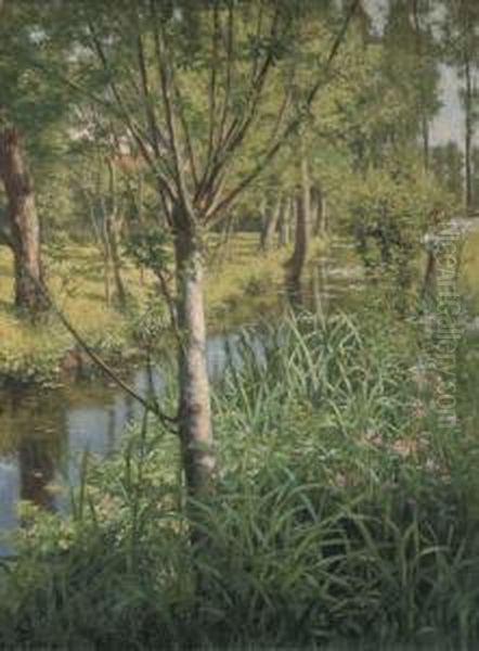 Sous Bois Traverse Par Une Riviere Oil Painting by Henri Biva