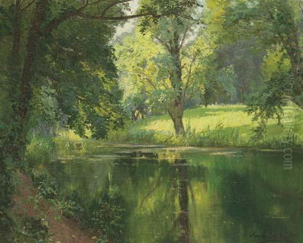 A Quiet Stretch Of The River Oil Painting by Henri Biva