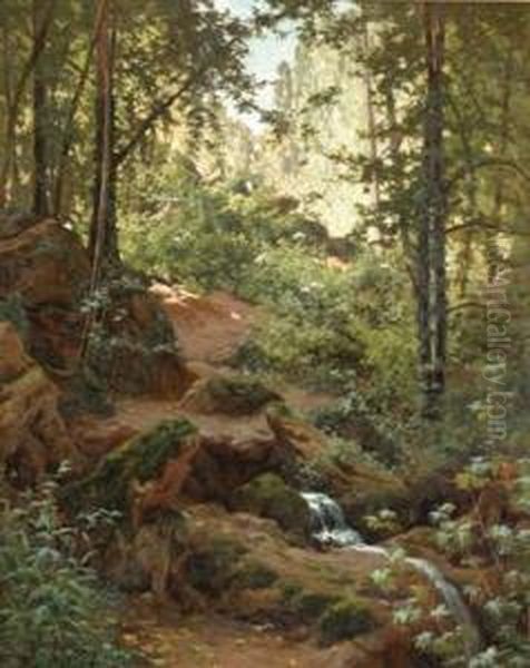 Woodland Interior With Brook Oil Painting by Henri Biva