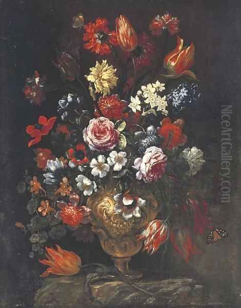 Tulips, roses, poppies, chrysanthemums, hyacinths and other flowers with butterflies in a sculpted vase on a ledge Oil Painting by Bartolommeo Bimbi