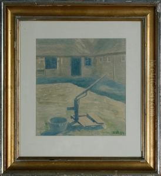 Court Exterior With Water Pump Oil Painting by Niels Bjerre