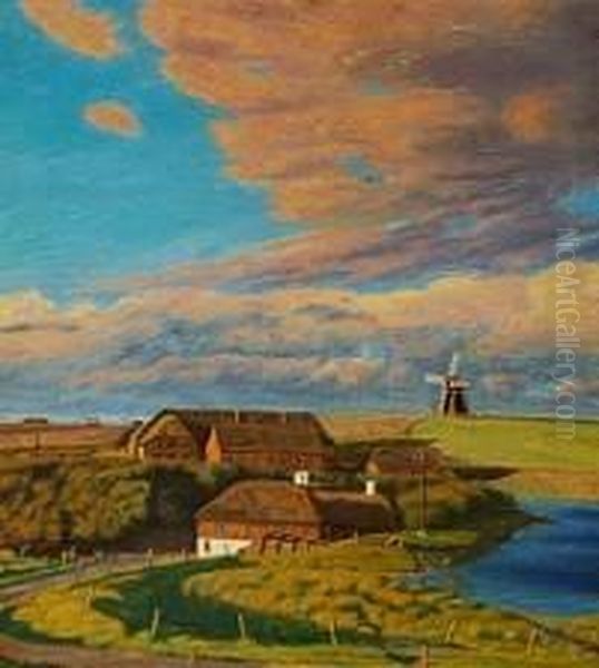 Landscape With A Windmill Oil Painting by Niels Bjerre