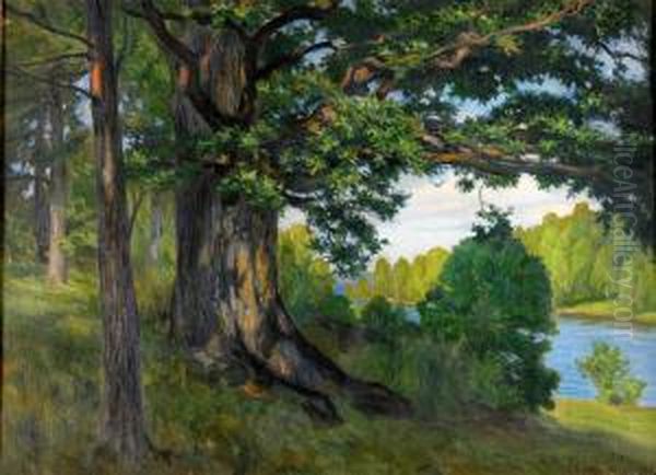 Den Gamla Eken - Sommarlandskap Med Vatten Oil Painting by Gustav Oscar Bjorck