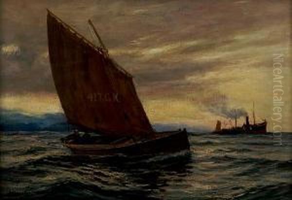 Fishing Vessel In The Sound Oil Painting by Andrew Black