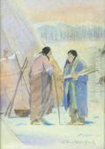 Two Figures In Front Of A Teepee Oil Painting by Laverne Nelson Black