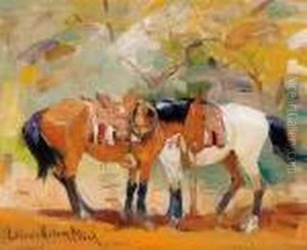 Horses Saddled Oil Painting by Laverne Nelson Black