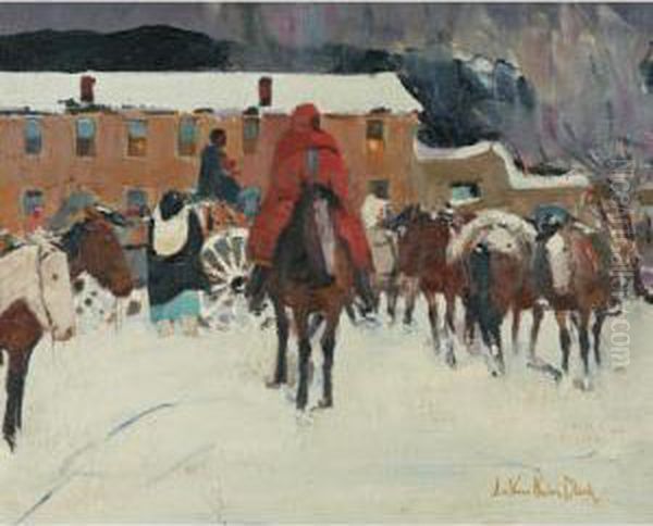 Taos - Winter Plaza Oil Painting by Laverne Nelson Black