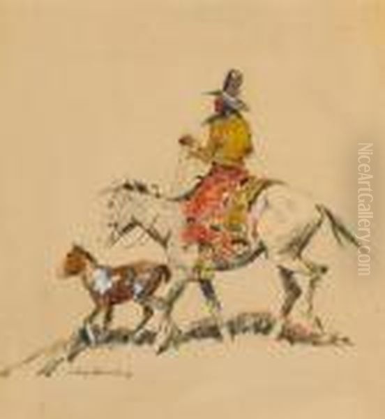 An Indian Leading A Pony Oil Painting by Laverne Nelson Black