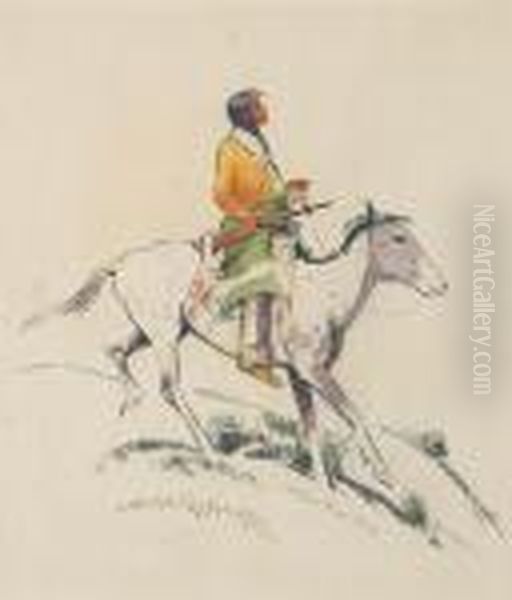 An Indian On A Pinto Pony (facing Right) Oil Painting by Laverne Nelson Black