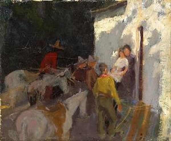 Cowboys Tying Up Horses By An Adobe Oil Painting by Laverne Nelson Black