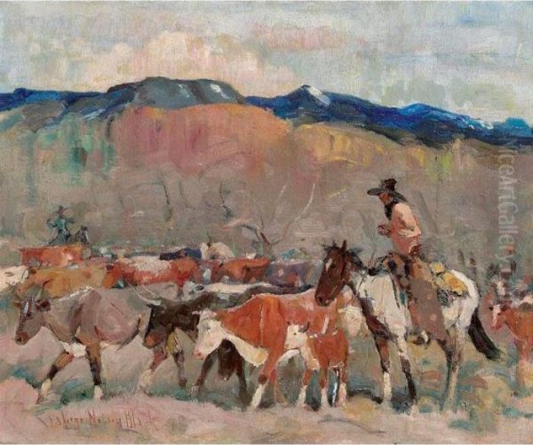 Cowboy Herding Cattle Oil Painting by Laverne Nelson Black