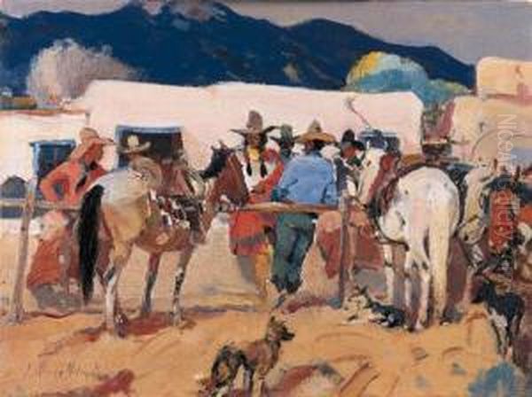 Gathering Of Cowboys Outside An Adobe Oil Painting by Laverne Nelson Black