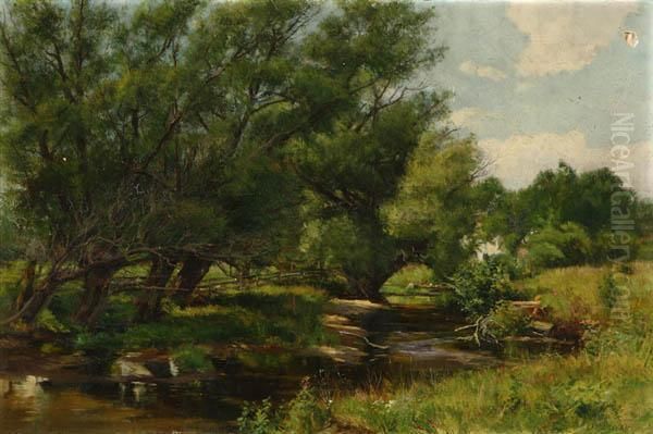 Stream Through A Summer Landscape Oil Painting by Olive Parker Black