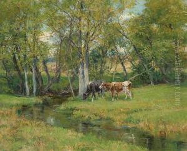 Cattle By A Stream Oil Painting by Olive Parker Black