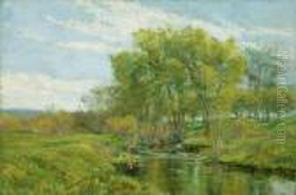 Stream In A Summer Landscape Oil Painting by Olive Parker Black