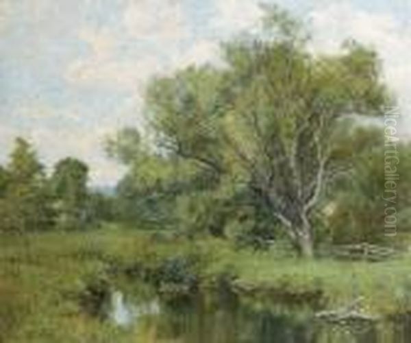 A Sunlit Landscape With A Pond Oil Painting by Olive Parker Black