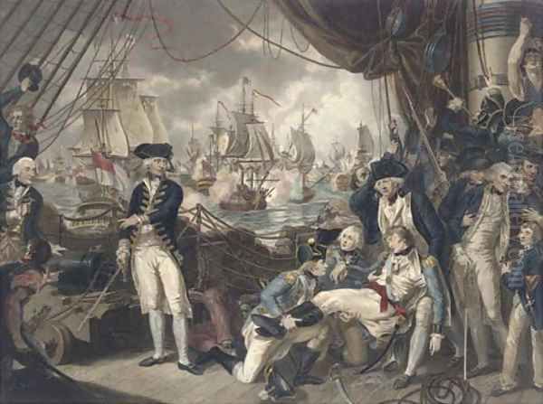 The celebrated victory obtained by the British fleet under the command of Earl Howe over the French fleet on the Glorious First of June, 1794, by D. O Oil Painting by Mather Brown