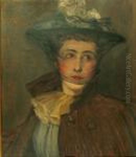 Shoulder Length Portrait Of A Lady Wearing A Veil And Brown Coat With Yellow Neck Scarf Oil Painting by Thomas Bromley Blacklock