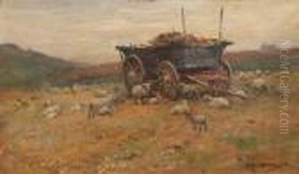 Sheep Beside A Hay Wagon Oil Painting by William Kay Blacklock