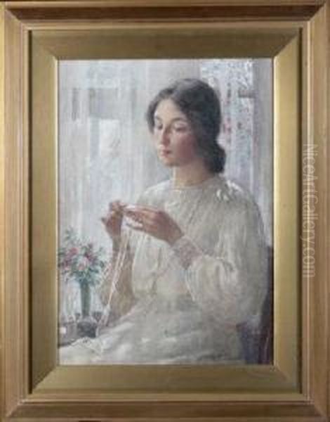 At The Window - A Portrait Of The Artist's Wife Nellie Oil Painting by William Kay Blacklock