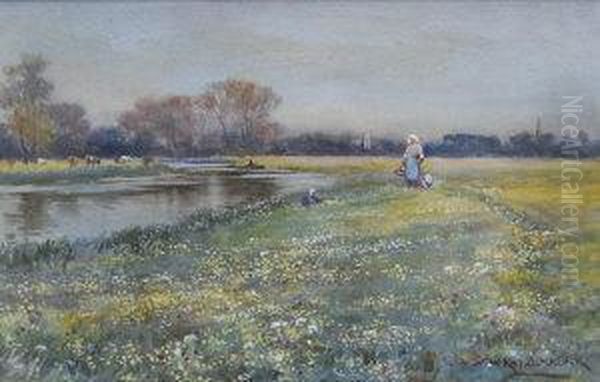 Figures Gathering Flowers On The Banks Of The River, In A Dutch Landscape Oil Painting by William Kay Blacklock