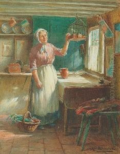 An Interior Scene With A Woman 
Washing Clothes; Cottage Interior With A Woman Beside A Window Oil Painting by William Kay Blacklock