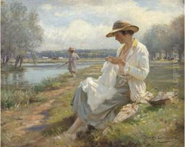 Sewing By The River Oil Painting by William Kay Blacklock