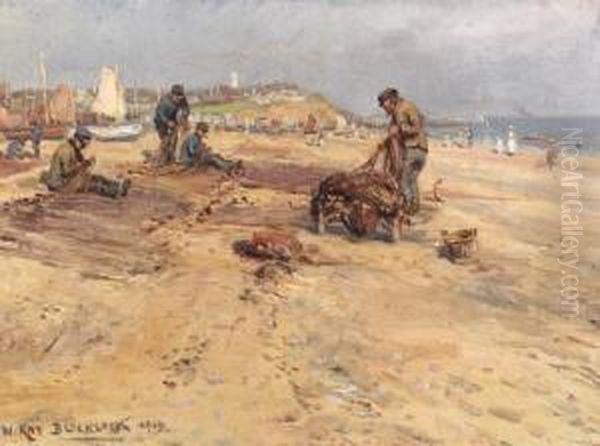 Mending Nets, Southwold Beach Oil Painting by William Kay Blacklock