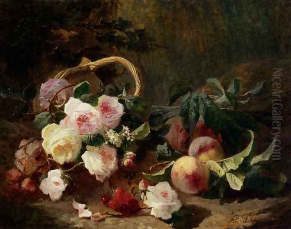 Basket Of Roses And Fruits Oil Painting by Pierre Bourgogne