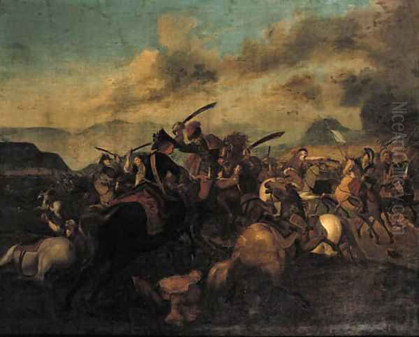 A cavalry skirmish Oil Painting by Pierre Bourgogne