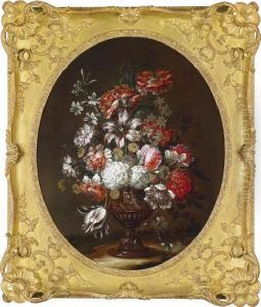 A Still Life With Flowers In A Sculptedvase Oil Painting by Jean Baptiste Belin de Fontenay