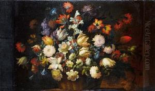 Roses, Tulips, Peonies, Jasmine And Otherflowers In A Wicker Basket On A Table Top Oil Painting by Jean Baptiste Belin de Fontenay