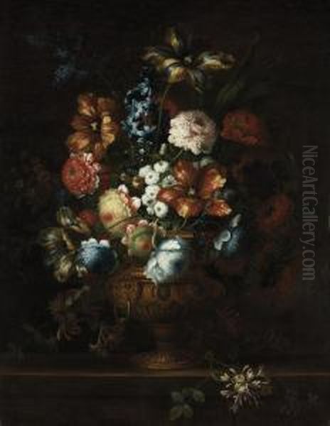 Tulips, Chrysanthemums, Violets 
And Other Flowers In A Sculptedbronze Urn, On A Stone Ledge Oil Painting by Jean Baptiste Belin de Fontenay