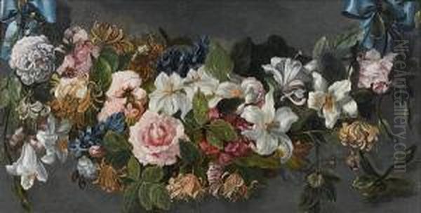 A Swag Of Roses, Honeysuckle, 
Delphiniums, Lilies, And Other Flowers Held By Blue Ribbons Oil Painting by Jean Baptiste Belin de Fontenay