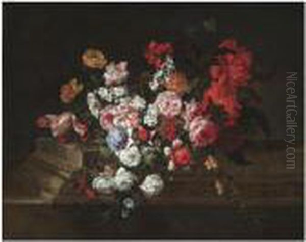 A Still Life With Roses, Tulips,
 Peonies, Carnations And Otherflowers On A Sculpted Stone Ledge Oil Painting by Jean Baptiste Belin de Fontenay