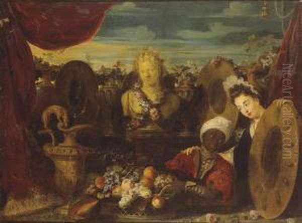 Buste De Bacchus Entoure D'une 
Guirlande De Fleurs, Avec Unecorbeille De Fruits, De La Vaisselle 
Precieuse Et Deuxpersonnages Oil Painting by Jean Baptiste Belin de Fontenay