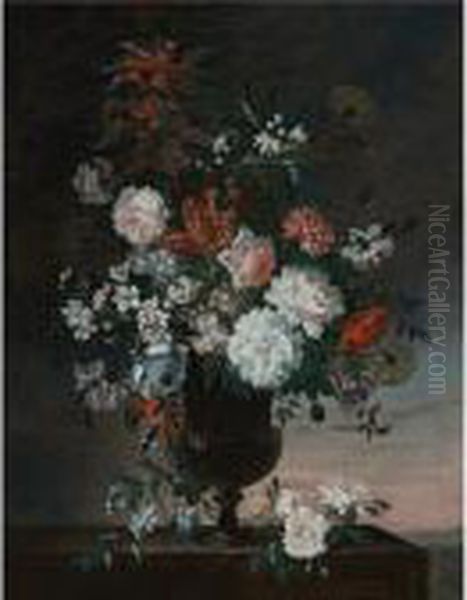 Carnations, Roses And Other Flowers In An Urn, A Sunrise Beyond Oil Painting by Jean Baptiste Belin de Fontenay