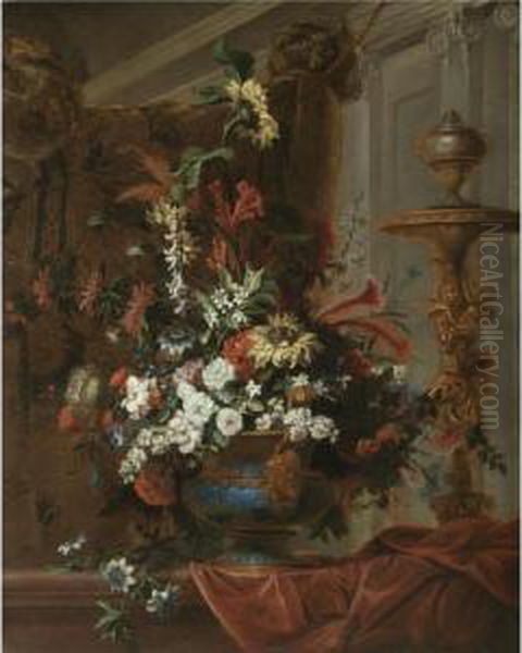 Still Life With A Bouquet Of 
Flowers In An Elaborate Brass Urn Standing In A Palatial Interior Oil Painting by Jean Baptiste Belin de Fontenay