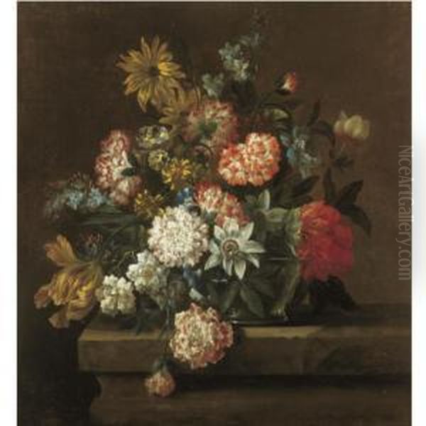 Still Life With Chrysanthemums, 
Morning Glory, A Tulip And Other Flowers In A Glass Vase Resting On A 
Ledge Oil Painting by Jean Baptiste Belin de Fontenay