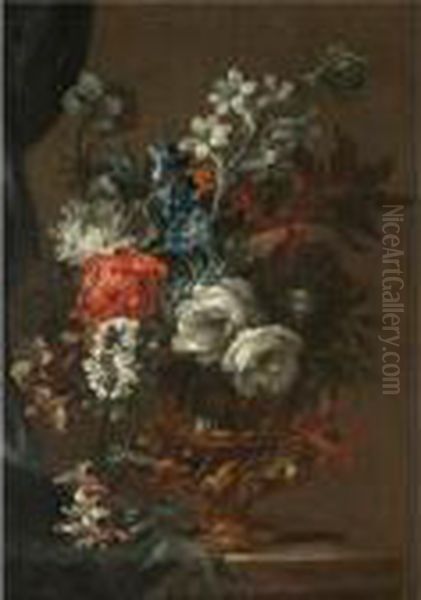 A Still Life With A Bouquet Of Flowers In A Bronze Urn On A Stone Ledge Oil Painting by Jean Baptiste Belin de Fontenay