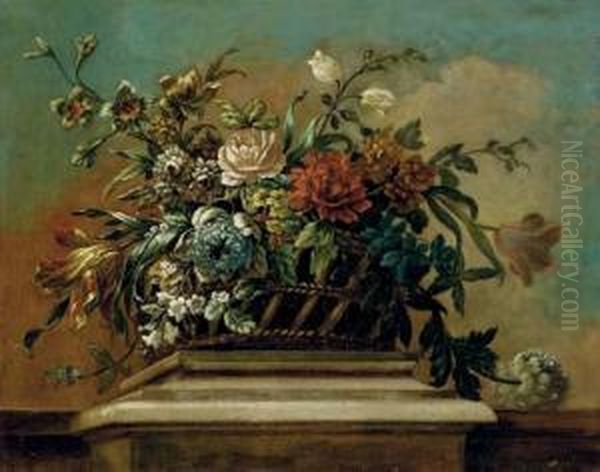 Roses, Tulips And Other Flowers In A Basket On A Ledge Oil Painting by Jean Baptiste Belin de Fontenay