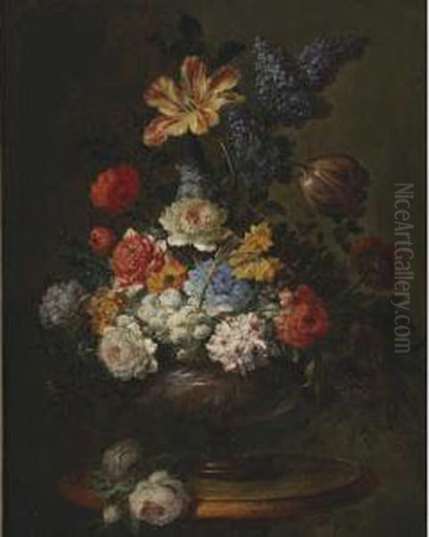 Still Life Of Tulips, Lilacs, Peonies And Other Flowers In A Vase Resting On A Table Oil Painting by Jean Baptiste Belin de Fontenay