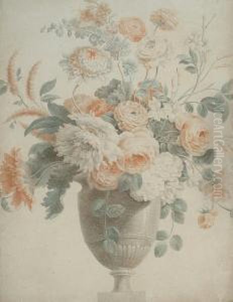 Roses, Chrysanthemums, Poppies And Other Flowers In A Bronze Urn Oil Painting by Jean Baptiste Belin de Fontenay