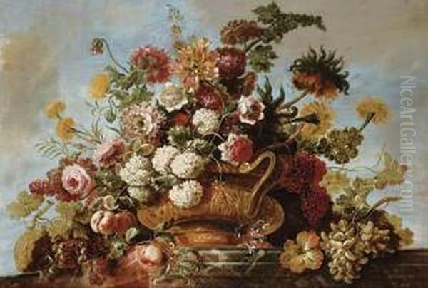 Flowers In A Terracotta Vase With Fruit On A Ledge Oil Painting by Jean Baptiste Belin de Fontenay