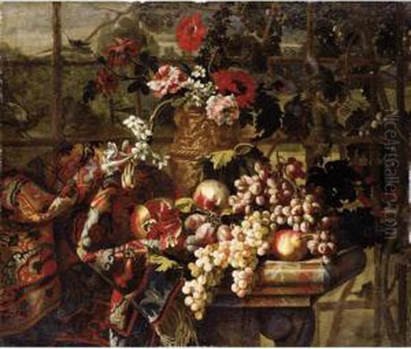 Still Life Of Various Flowers In
 A Bronze Urn, Together With Pomegranates, Grapes, Pears And Plums On A 
Marble Table Draped With A Carpet Oil Painting by Jean Baptiste Belin de Fontenay