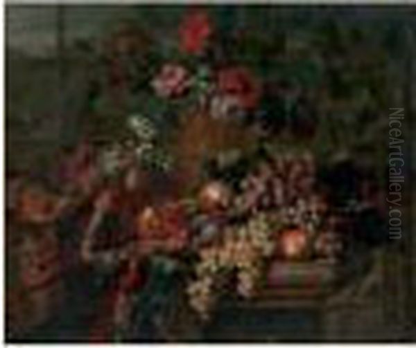 Raisin, Prunes, Poires, 
Grenades, Sur Un Entablement Orne D'un Riche Tapis Et De Fleurs Dans Un 
Vase Cisele Et Dore. Oil Painting by Jean Baptiste Belin de Fontenay